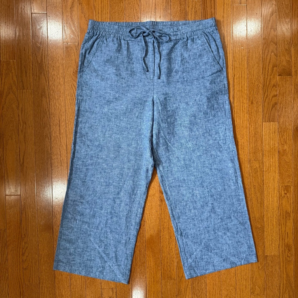 Talbots Linen Wide Leg Cropped Pants Women’s 16 Blue Drawstring Elastic Waist